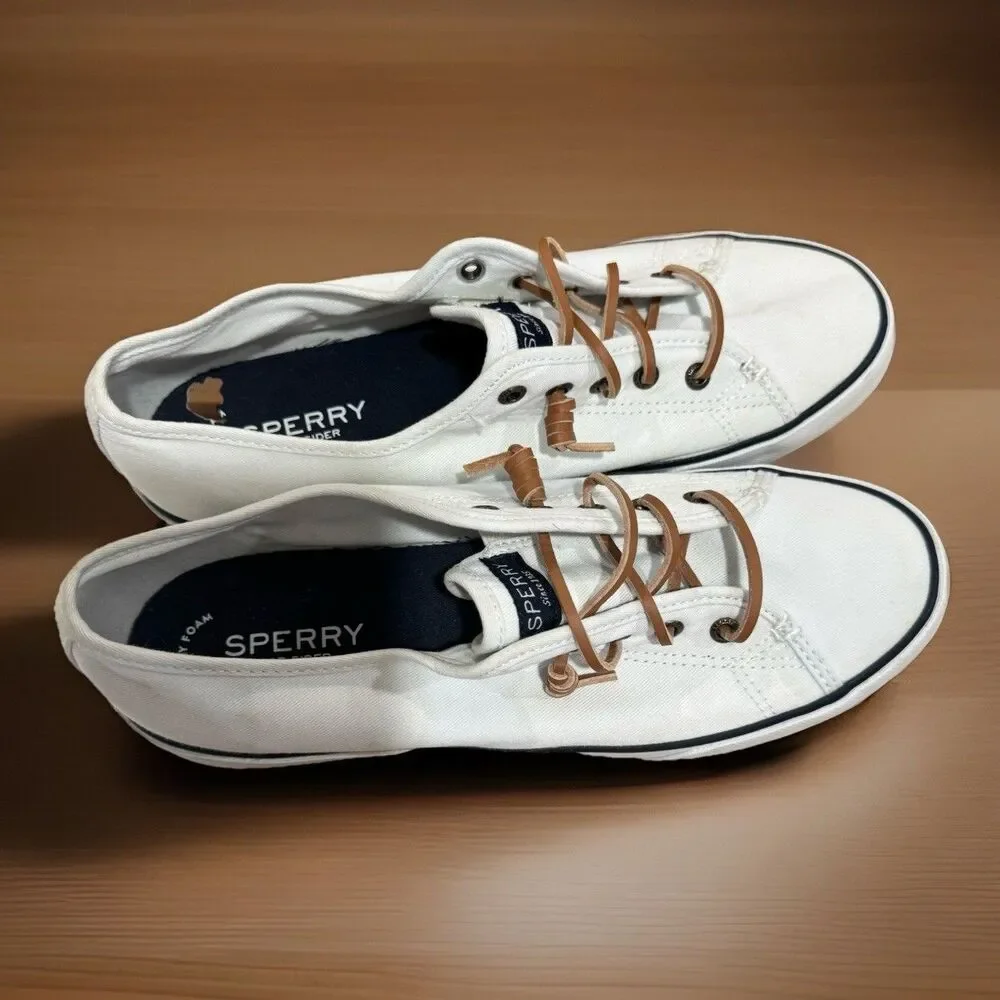 Sperry Pier View W 9.5 White Canvas Sneakers Rawhide Laces Coastal Preppy